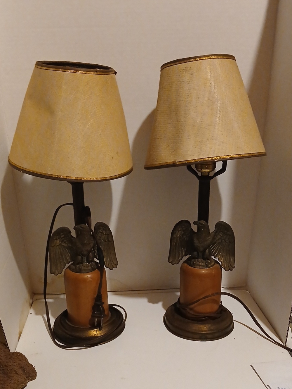 Vintage Federal Style Eagle Table Lamp Pair with Tan Shades